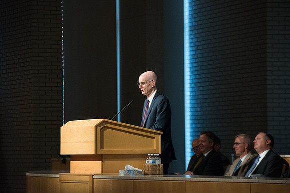 President Henry J. Eyring speaks at the fall faculty meeting in the Taylor Chapel. Sept 2018