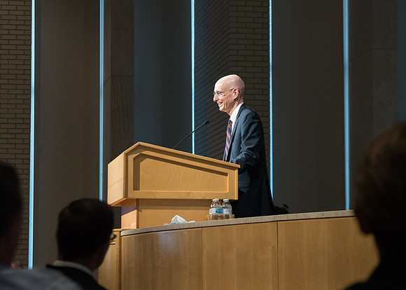 President Henry J. Eyring speaks at the fall faculty meeting in the Taylor Chapel. Sept 2018