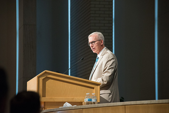 Kelly Burgener, Executive Office Academic Vice President speaks at the fall faculty meeting in the Taylor Chapel. Sept 2018