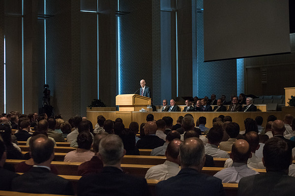 President Henry J. Eyring speaks at the fall faculty meeting in the Taylor Chapel. Sept 2018