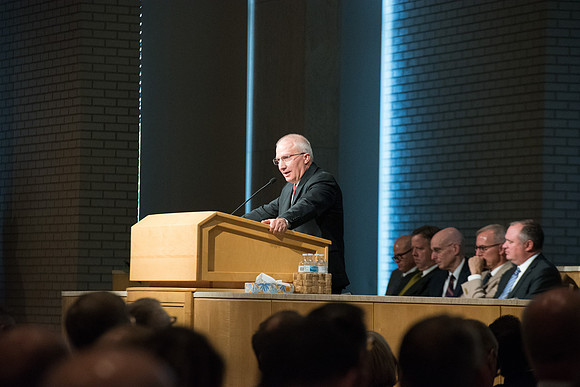 Van Christman, Academic Administration Associate Academic VP-Curriculum speaks at the fall faculty meeting in the Taylor Chapel. Sept 2018