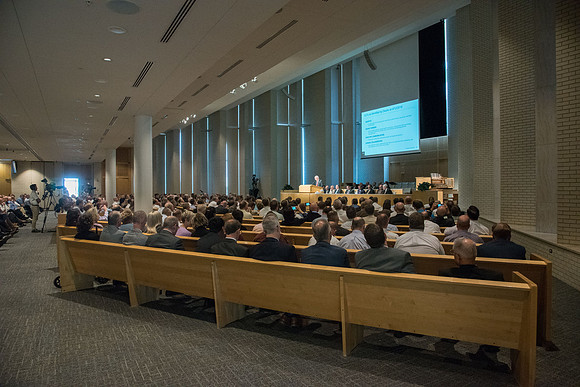 Van Christman, Academic Administration Associate Academic VP-Curriculum speaks at the fall faculty meeting in the Taylor Chapel. Sept 2018