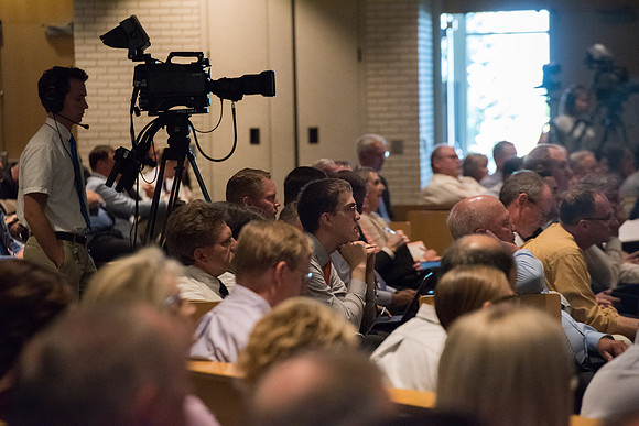 Faculty listening to the speaker at the fall faculty meeting in the Taylor chapel. Sept 2018
