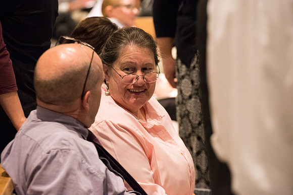 Everyone participates in an activity at the fall faculty meeting in the Taylor Chapel. Sept 2018