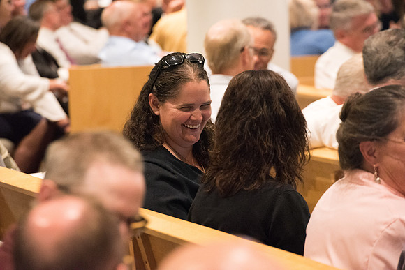 Everyone participates in an activity at the fall faculty meeting in the Taylor Chapel. Sept 2018