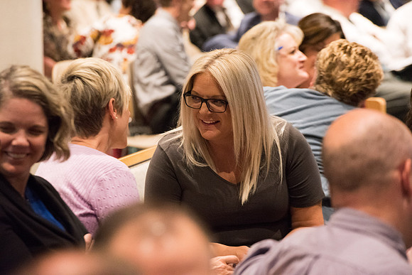 Everyone participates in an activity at the fall faculty meeting in the Taylor Chapel. Sept 2018