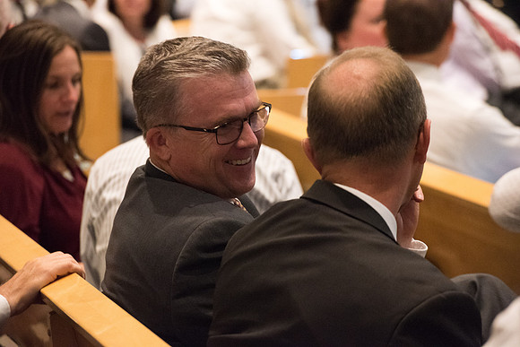 Everyone participates in an activity at the fall faculty meeting in the Taylor Chapel. Sept 2018