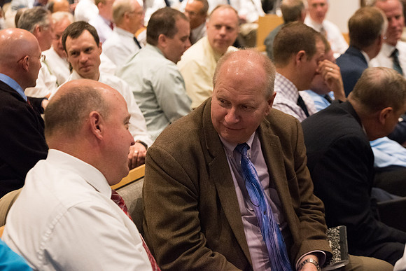 Everyone participates in an activity at the fall faculty meeting in the Taylor Chapel. Sept 2018