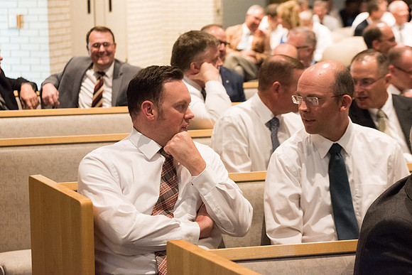 Everyone participates in an activity at the fall faculty meeting in the Taylor Chapel. Sept 2018
