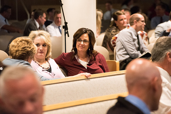 Everyone participates in an activity at the fall faculty meeting in the Taylor Chapel. Sept 2018