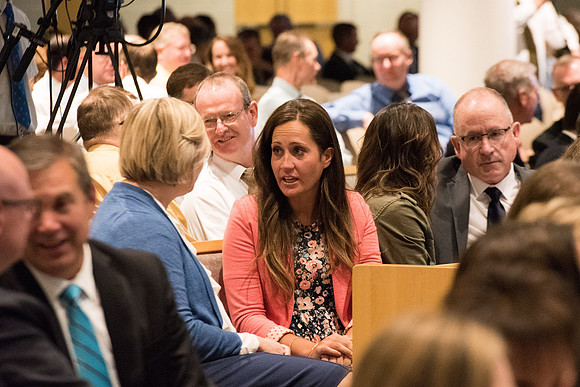 Everyone participates in an activity at the fall faculty meeting in the Taylor Chapel. Sept 2018