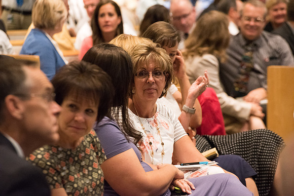 Everyone participates in an activity at the fall faculty meeting in the Taylor Chapel. Sept 2018