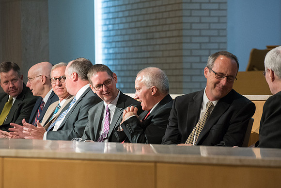 Everyone participates in an activity at the fall faculty meeting in the Taylor Chapel. Sept 2018