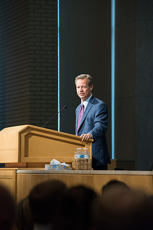 Rob Eaton, Executive Office Associate Academic VP-Instruction speaks at the fall faculty meeting in the Taylor Chapel. Sept 2018