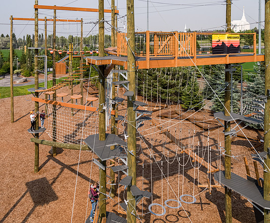 Aerial drone shots of ropes course.