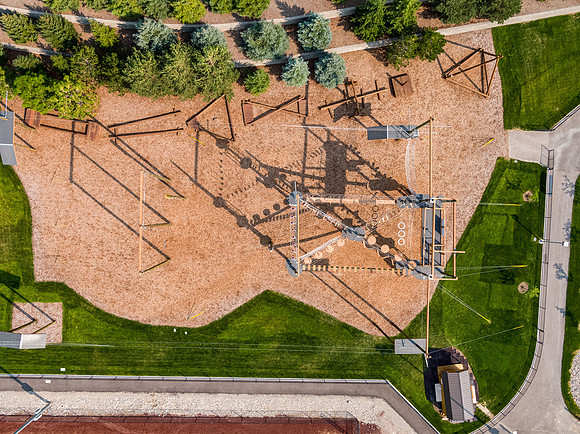 Aerial drone shots of ropes course.
