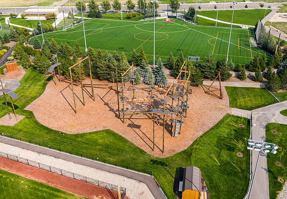 Aerial drone shots of ropes course.