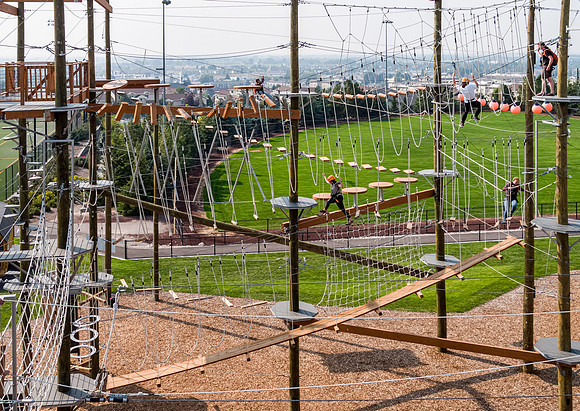 Aerial drone shots of ropes course.