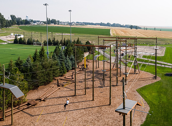 Aerial drone shots of ropes course.