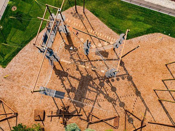 Aerial drone shots of ropes course.