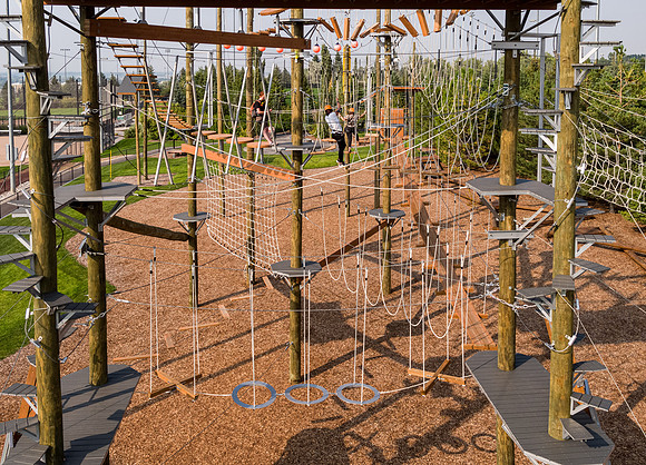 Aerial drone shots of ropes course.