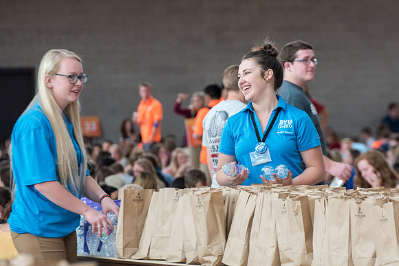 Students enjoy a free meal and spend time with all the new students.