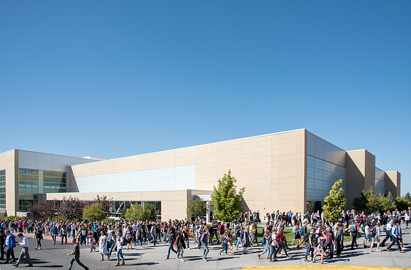Students walking out from the first devotional of Fall semster.