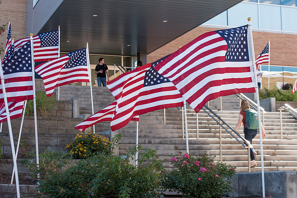 Flags commemorating Constitution Day at the BYU-Idaho campus. Sept 2018