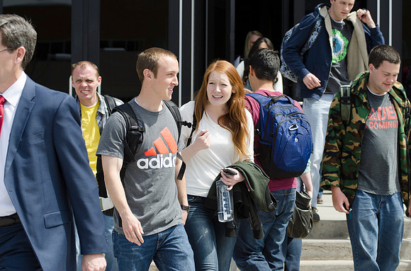Students on campus of the first day of school.