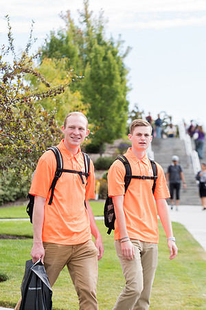 Student mentors on campus helping new students.