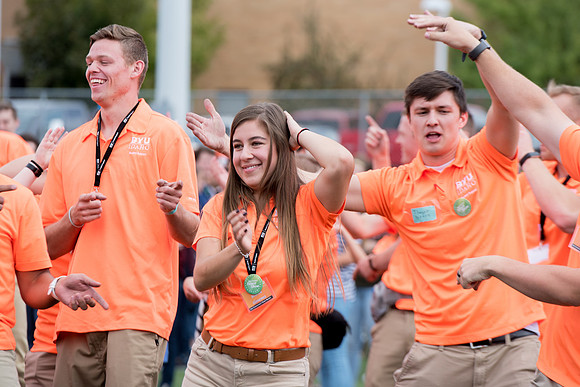 Students make new friends and get acquainted with other new students in their I-Team at the Football Field