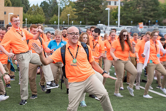 Students make new friends and get acquainted with other new students in their I-Team at the Football Field