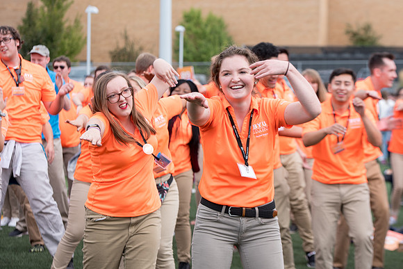 Students make new friends and get acquainted with other new students in their I-Team at the Football Field