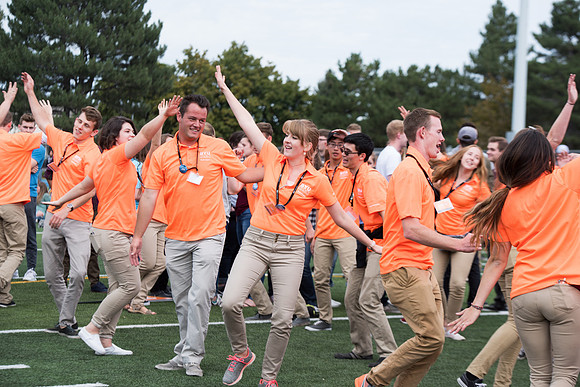 Students make new friends and get acquainted with other new students in their I-Team at the Football Field