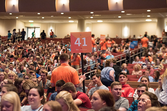 New students and parents have the opportunity to hear from President and Sister Eyring at BYU-I Center.