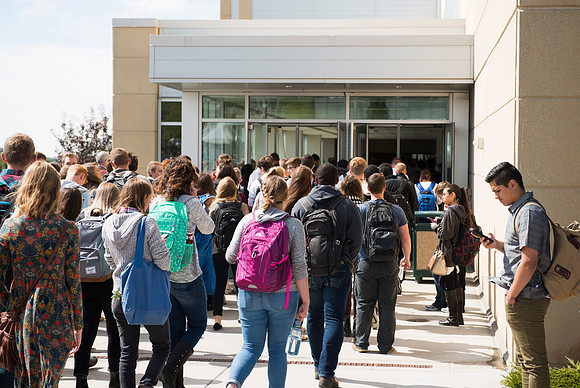 Students walk to the first devotional of the semester.