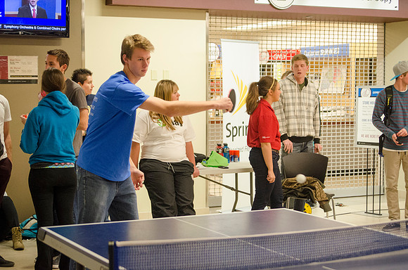 BYU-Idaho students participate in a ping pong tournament held in the Manwaring Center
