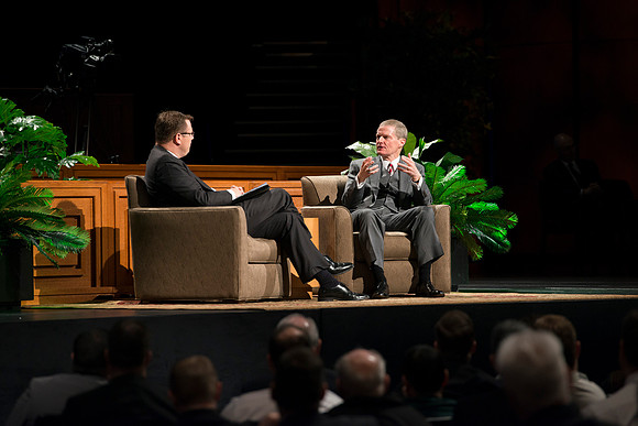 President Gilbert and Elder David A. Bednar Have a Q&A style meeting for the BYU-Idaho employees. Elder Bednar was the President during the transition of Ricks College to BYU-Idaho.