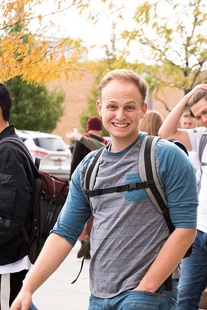Students crowd after the devotional.