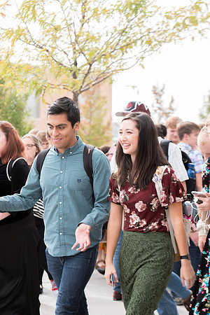 Students crowd after the devotional.