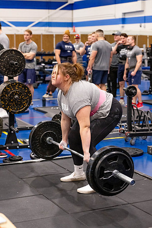 Students compete in Squat Bench and Deadlift challenges. In the BYU-Idaho gym in the Hart Building.