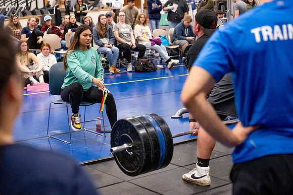 Students compete in Squat Bench and Deadlift challenges. In the BYU-Idaho gym in the Hart Building.