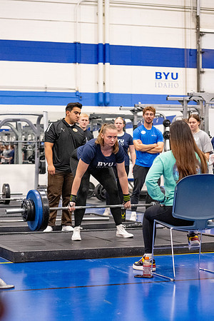 Students compete in Squat Bench and Deadlift challenges. In the BYU-Idaho gym in the Hart Building.
