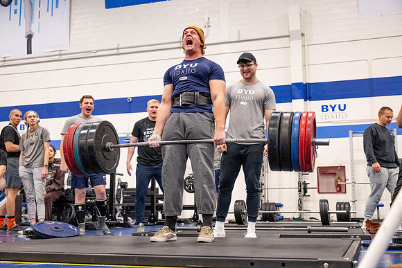 Students compete in Squat Bench and Deadlift challenges. In the BYU-Idaho gym in the Hart Building.
