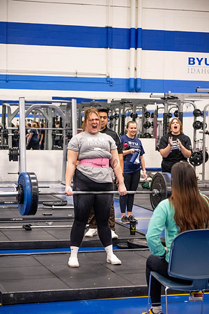 Students compete in Squat Bench and Deadlift challenges. In the BYU-Idaho gym in the Hart Building.