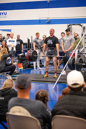 Students compete in Squat Bench and Deadlift challenges. In the BYU-Idaho gym in the Hart Building.