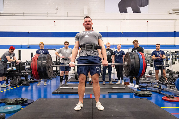 Students compete in Squat Bench and Deadlift challenges. In the BYU-Idaho gym in the Hart Building.