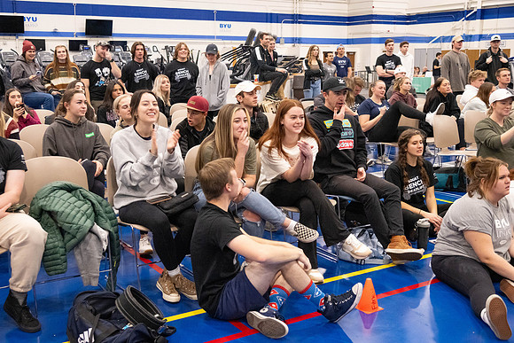 Students compete in Squat Bench and Deadlift challenges. In the BYU-Idaho gym in the Hart Building.