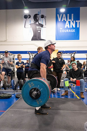 Students compete in Squat Bench and Deadlift challenges. In the BYU-Idaho gym in the Hart Building.