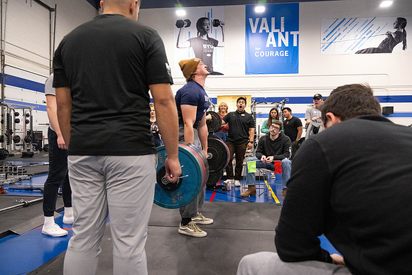Students compete in Squat Bench and Deadlift challenges. In the BYU-Idaho gym in the Hart Building.